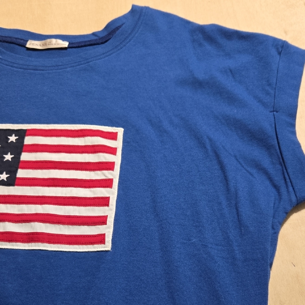 100 NWT Zenana American Flag Print Short Sleeve Cotto Tee Light Navy 1X 2X 3X - Picture 3 of 8